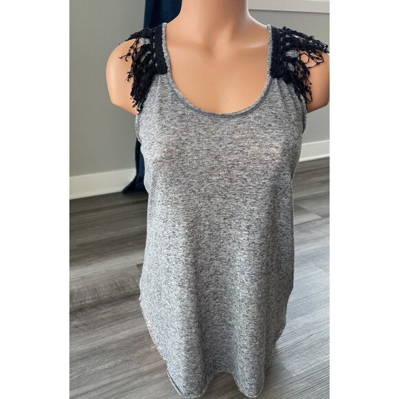 Free People Gray Linen Blend Tank Top Size M Shirt Fringe A7 - Picture 1 of 6